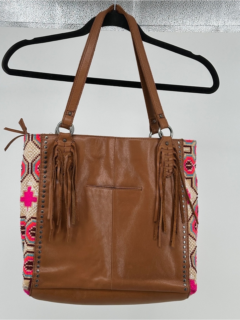 LeSac Brown Leather Fringe Tote Pink Embroidery Women's Purse Bag